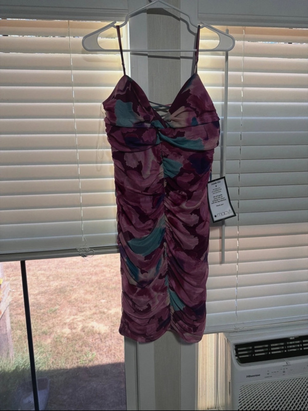 Ruched Floral-Print Mini Dress in Purple and Teal